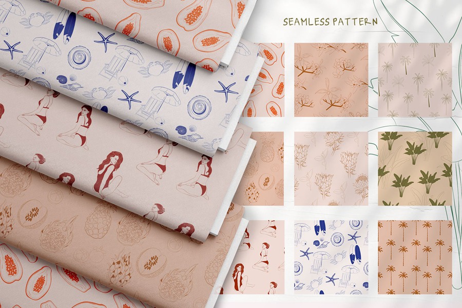 热带植物海报艺术氛围、女性气质、海洋生物、水果拼贴、纺织包装海报印刷矢量精品图形元素Tropical Retrospective Poster 图片素材 sucaiwan.com