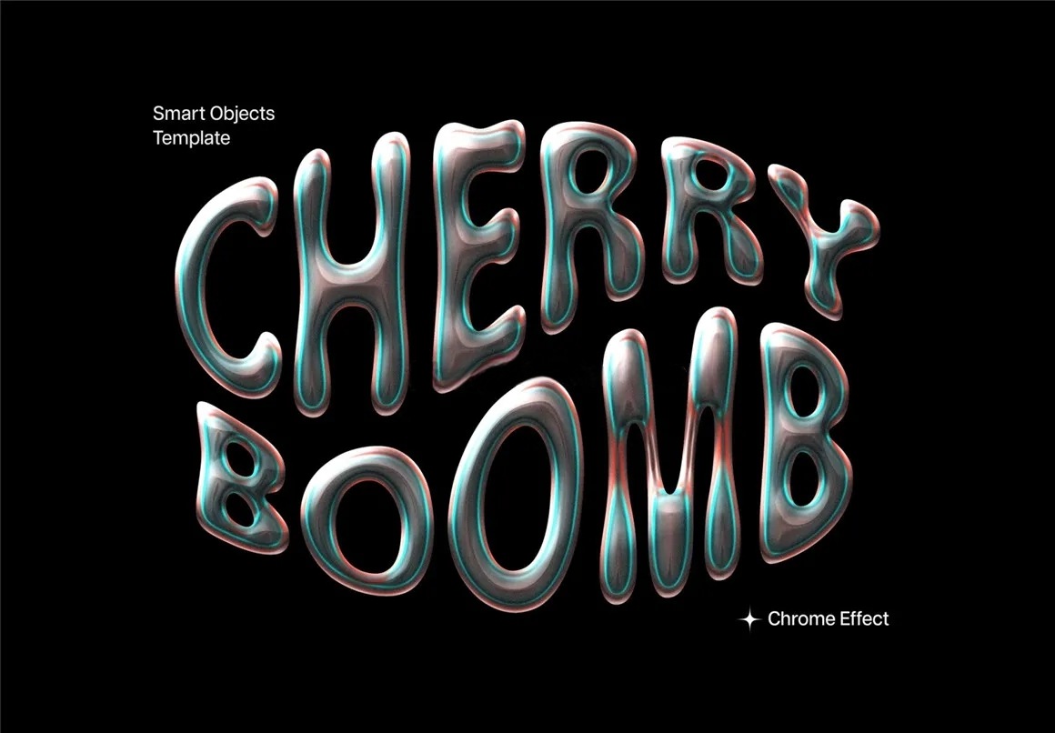 80年代复古3D立体金属镀铬发光效果文本标题设计PS特效样机模板 Chrome Text Effect Style 插件预设 sucaiwan.com