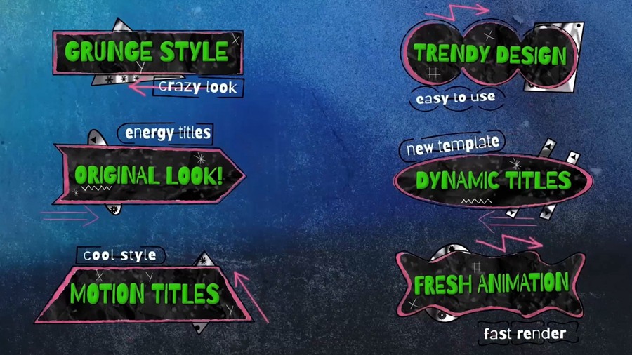 AE + PR模板：复古时尚多彩动态做旧视频标题模板2合1 Dynamic Grunge Titles 插件预设 sucaiwan.com