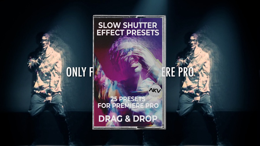 PR预设：25种慢快门王家卫抽帧拖影扭曲电影效果/时尚动感短片/音乐MV/复古港风高级时髦不过时视频穿梭转场过AKV Studios Slow Shutter Presets 插件预设 sucaiwan.com