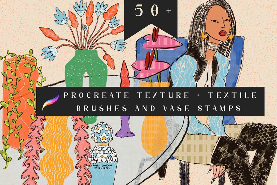 Procreate纹理美术画笔纺织画笔和图章花瓶邮票+纸张纹理 Procreate Texture brushes and stamps 笔刷资源 sucaiwan.com