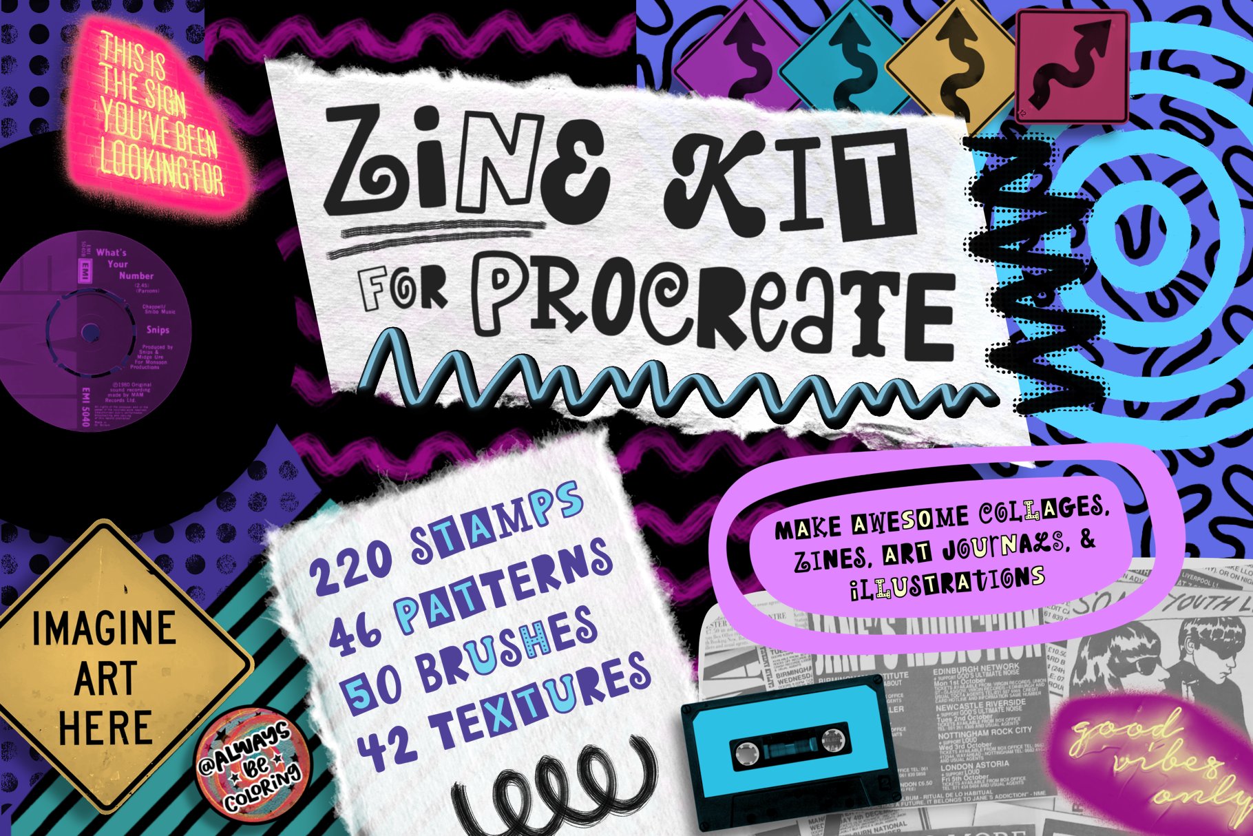 Procreate Zine Kit with 350 Brushes! 超350种画笔和图章带纹理图案、着色器、标记和刻字画笔、半色调、字母和文字图章以及逼真拼贴图章 图片素材 sucaiwan.com