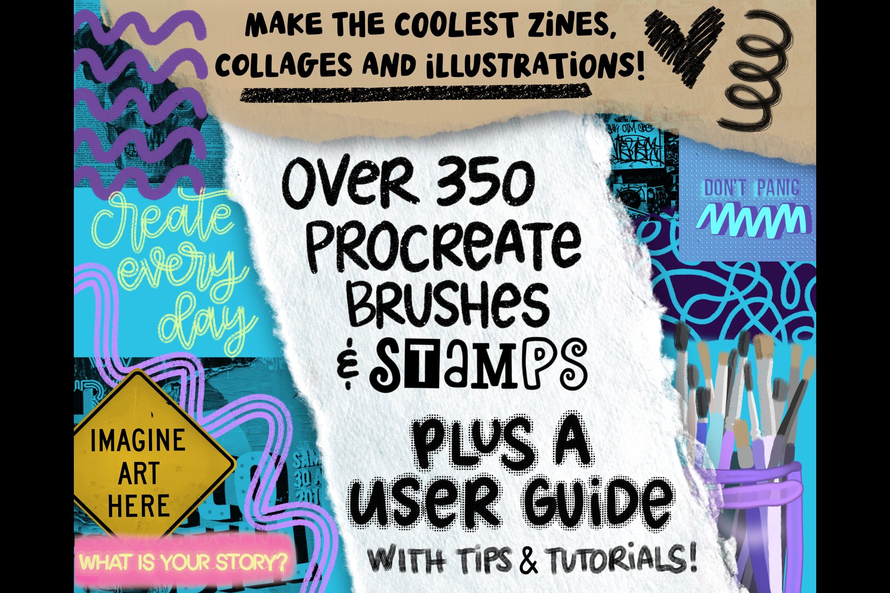 Procreate Zine Kit with 350 Brushes! 超350种画笔和图章带纹理图案、着色器、标记和刻字画笔、半色调、字母和文字图章以及逼真拼贴图章 图片素材 sucaiwan.com