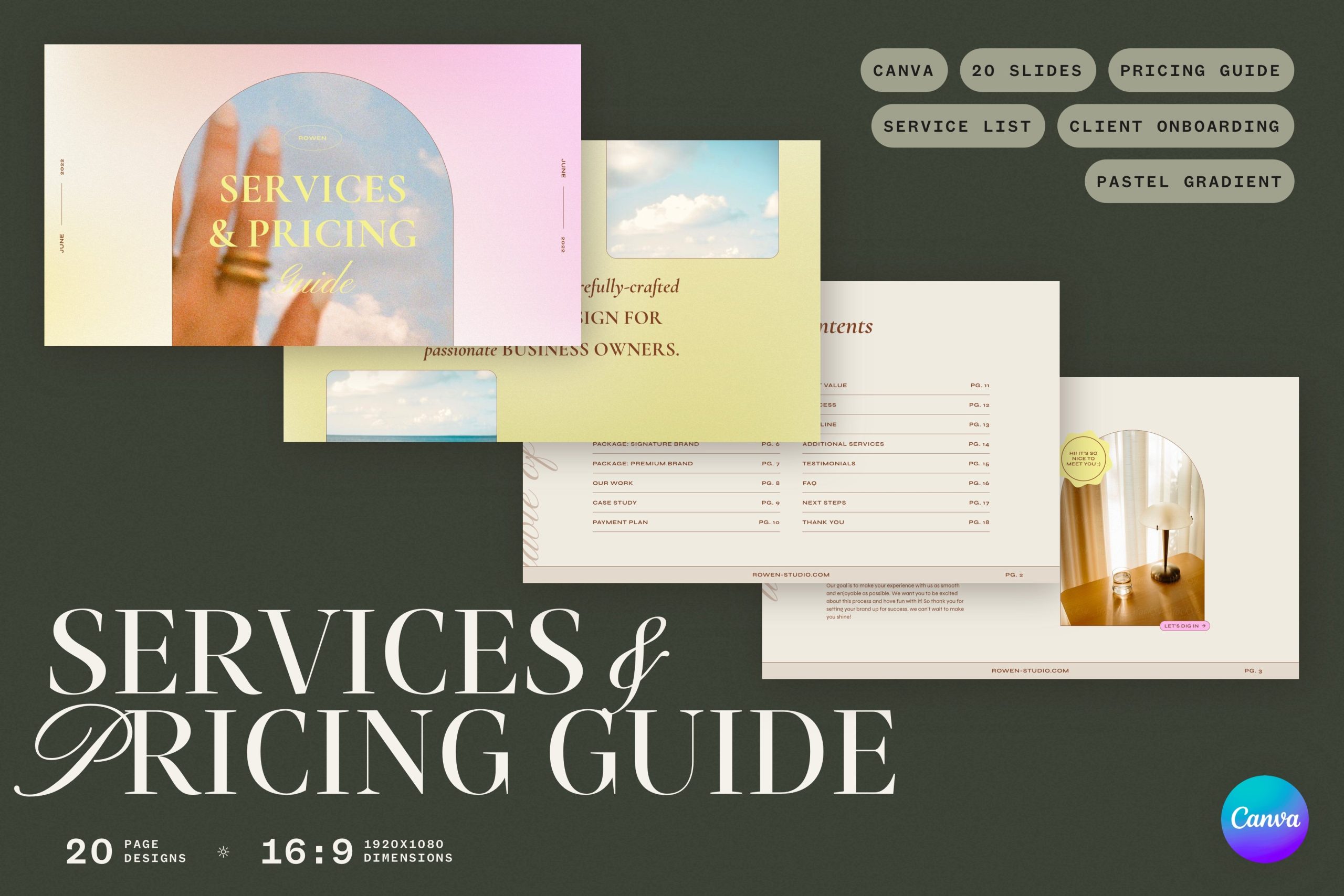 Services and Pricing Guide Canva 20页完全可定制的 Canva 在线模板和主题/设计模板 幻灯图表 第1张-素材湾丨精选海外优质设计素材资源 Services and Pricing Guide Canva 20页完全可定制的 Canva 在线模板和主题/设计模板 幻灯图表 sucaiwan.com