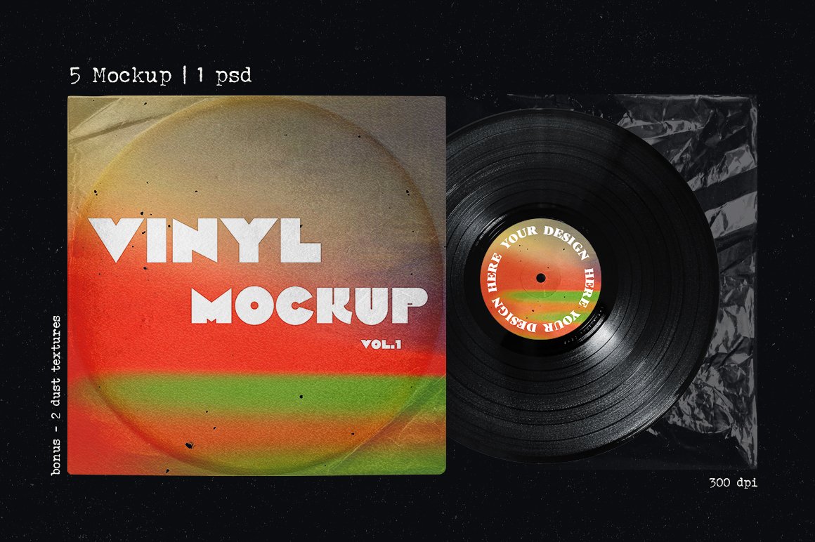 复古风格黑胶唱片模型海报传单社交媒体图形包装样机 Vinyl record retro mockup 样机素材 sucaiwan.com