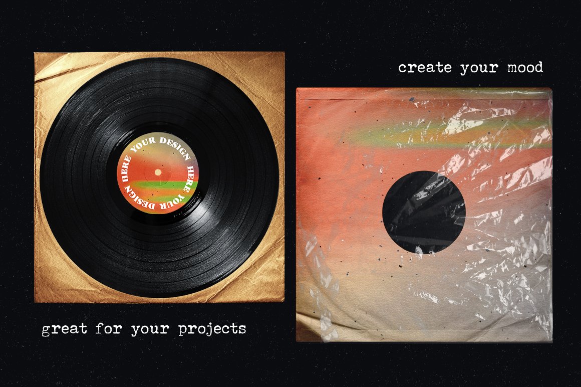 复古风格黑胶唱片模型海报传单社交媒体图形包装样机 Vinyl record retro mockup 样机素材 sucaiwan.com