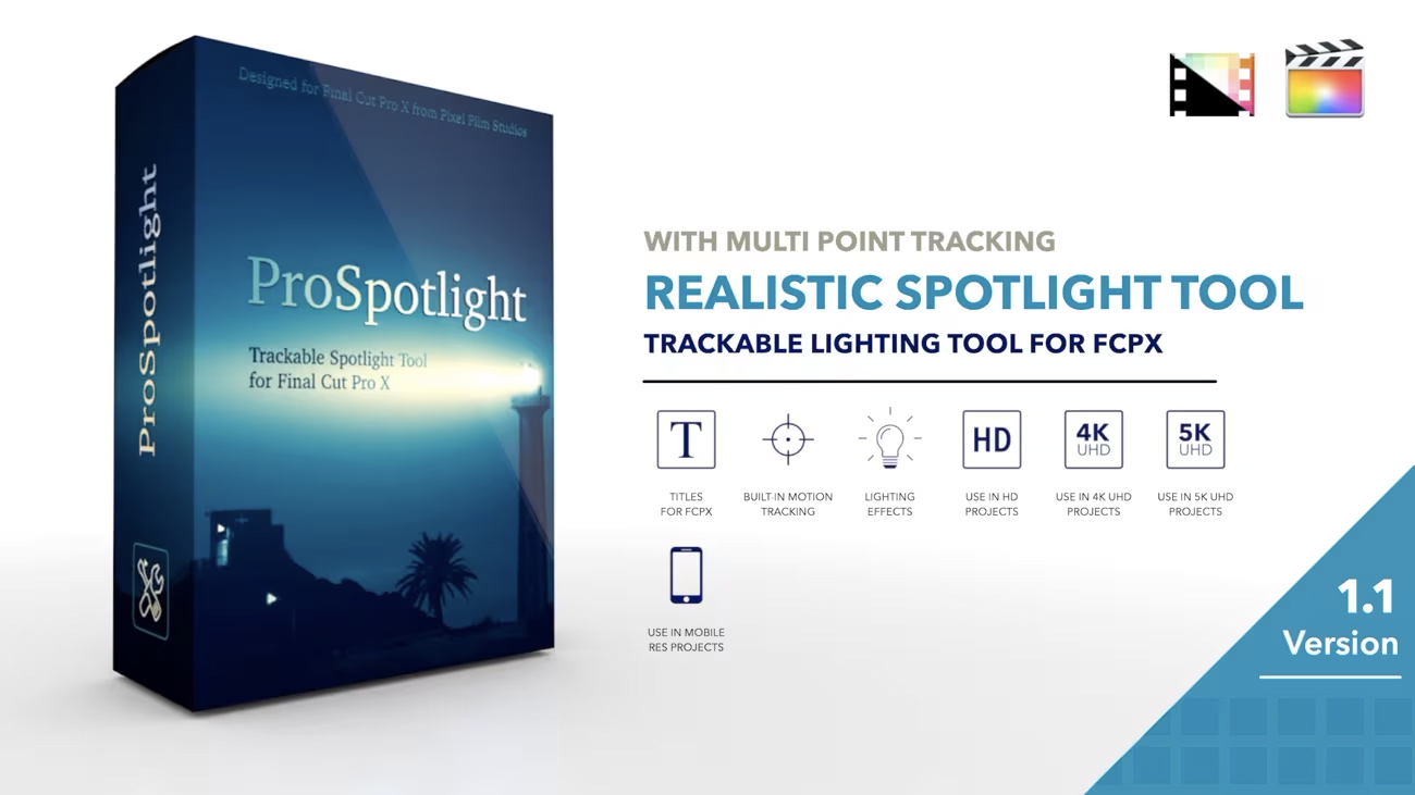 FCPX插件：ProSpotlight 专业聚光灯光束效果车辆手电筒和舞台灯增强镜头效果 Pixel Film Studios – ProSpotlight 插件预设 sucaiwan.com
