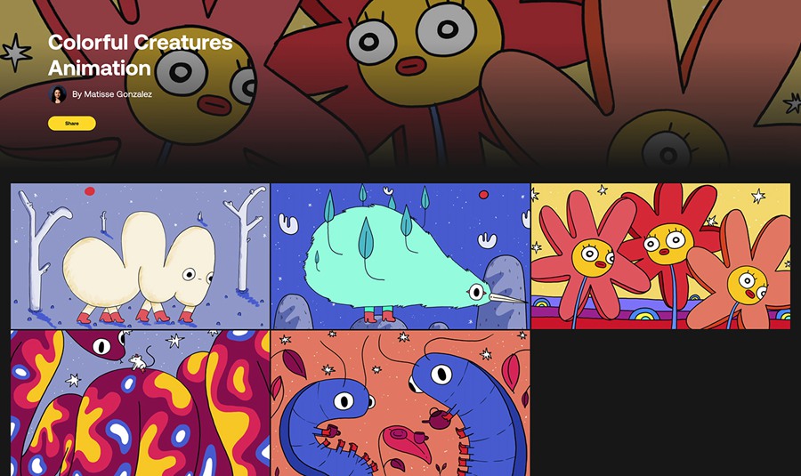 Artlist – 5个卡通色彩缤纷美学艺术插图动画视频素材 Colorful Creatures Animation 影视音频 sucaiwan.com