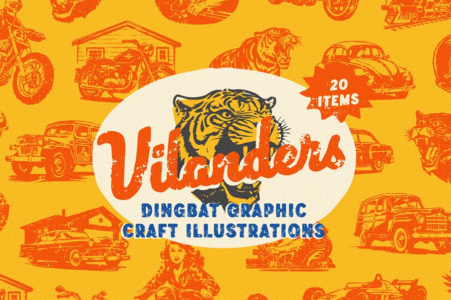 复古邮票手绘脚本无衬线字体和机车火车头动物印章图形 Vilanders – Vintage Stamp Font 图片素材 sucaiwan.com