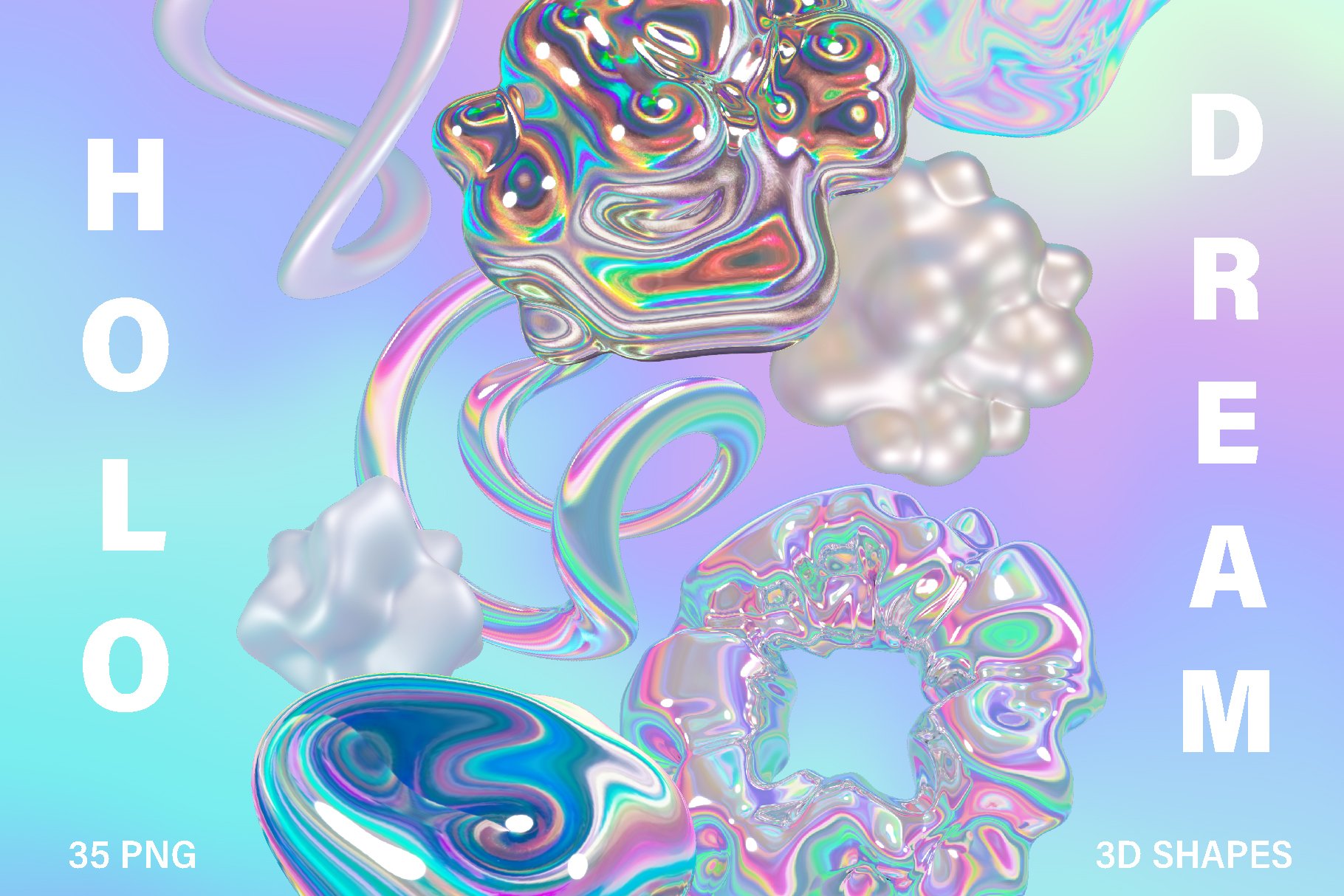 35款全息迷幻酸性虹彩3D形状抽象艺术PNG设计图形 Holo Iridescence 3D Shapes graphics 图片素材 sucaiwan.com