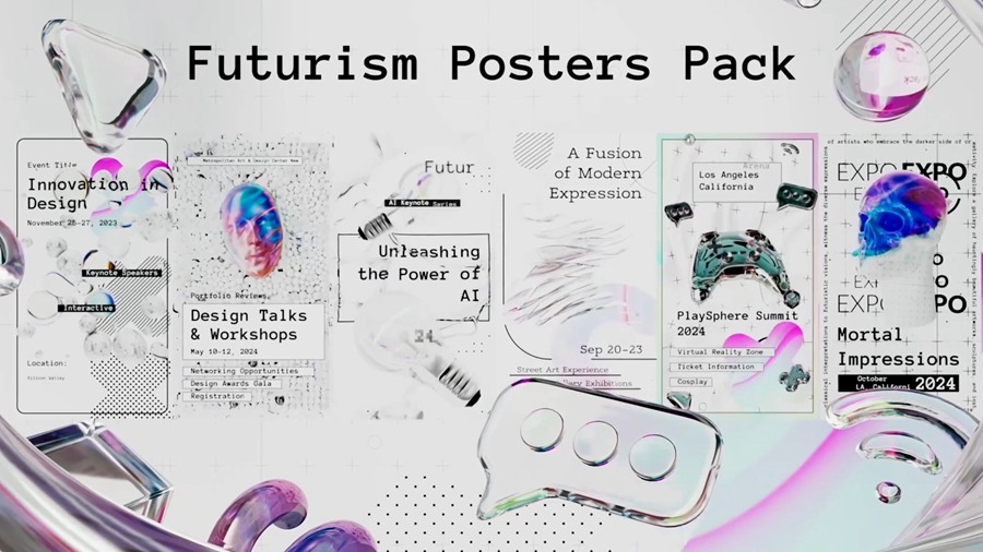 AE模板：4K未来主义抽象3D元素动画美学手机竖屏拼贴视频模板 Futurism Posters Pack 插件预设 sucaiwan.com