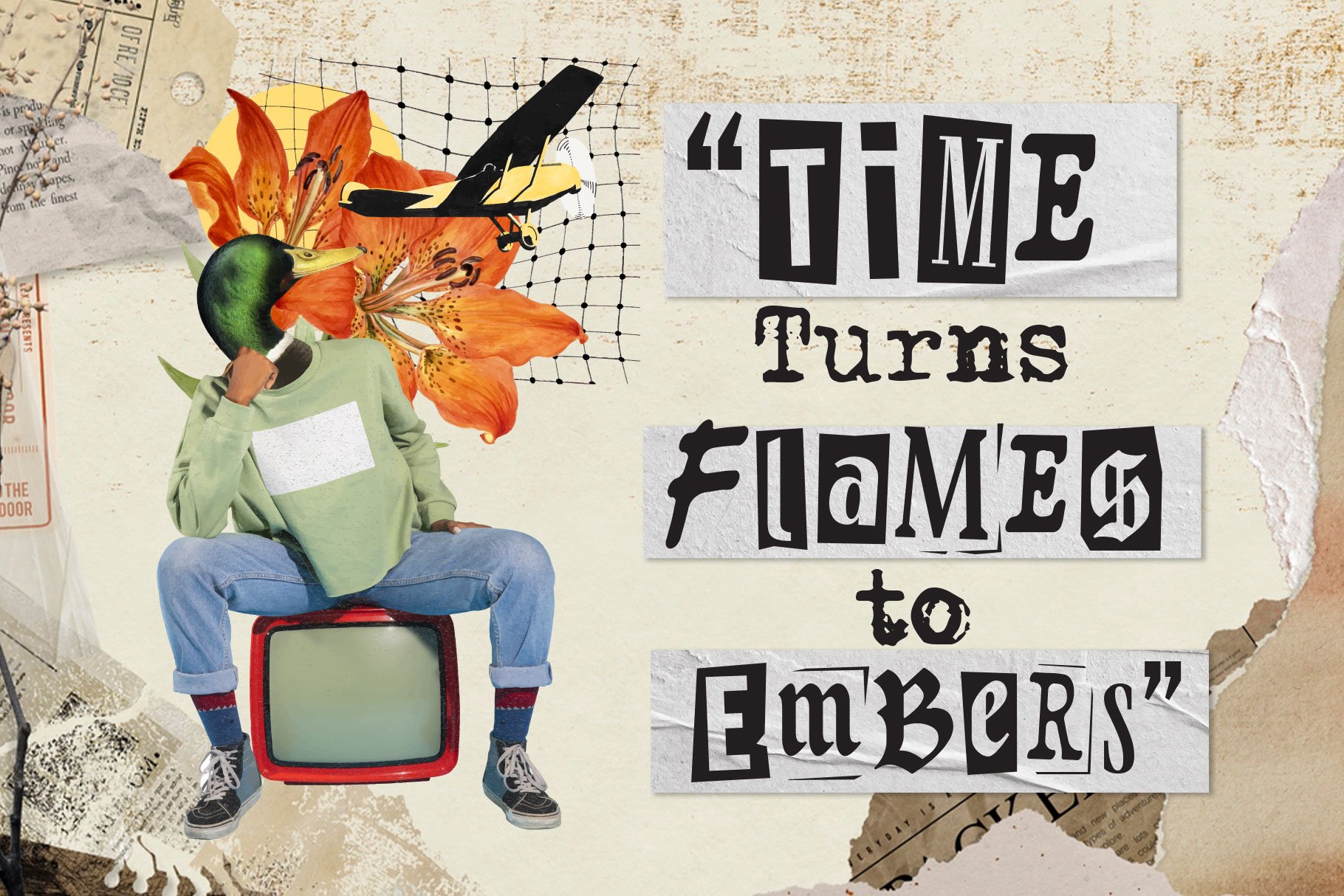 复古拼贴艺术剪纸无衬线压缩衬线手写和老式打字机混合字体 Retroma Vibes – Mixed Font 设计素材 sucaiwan.com