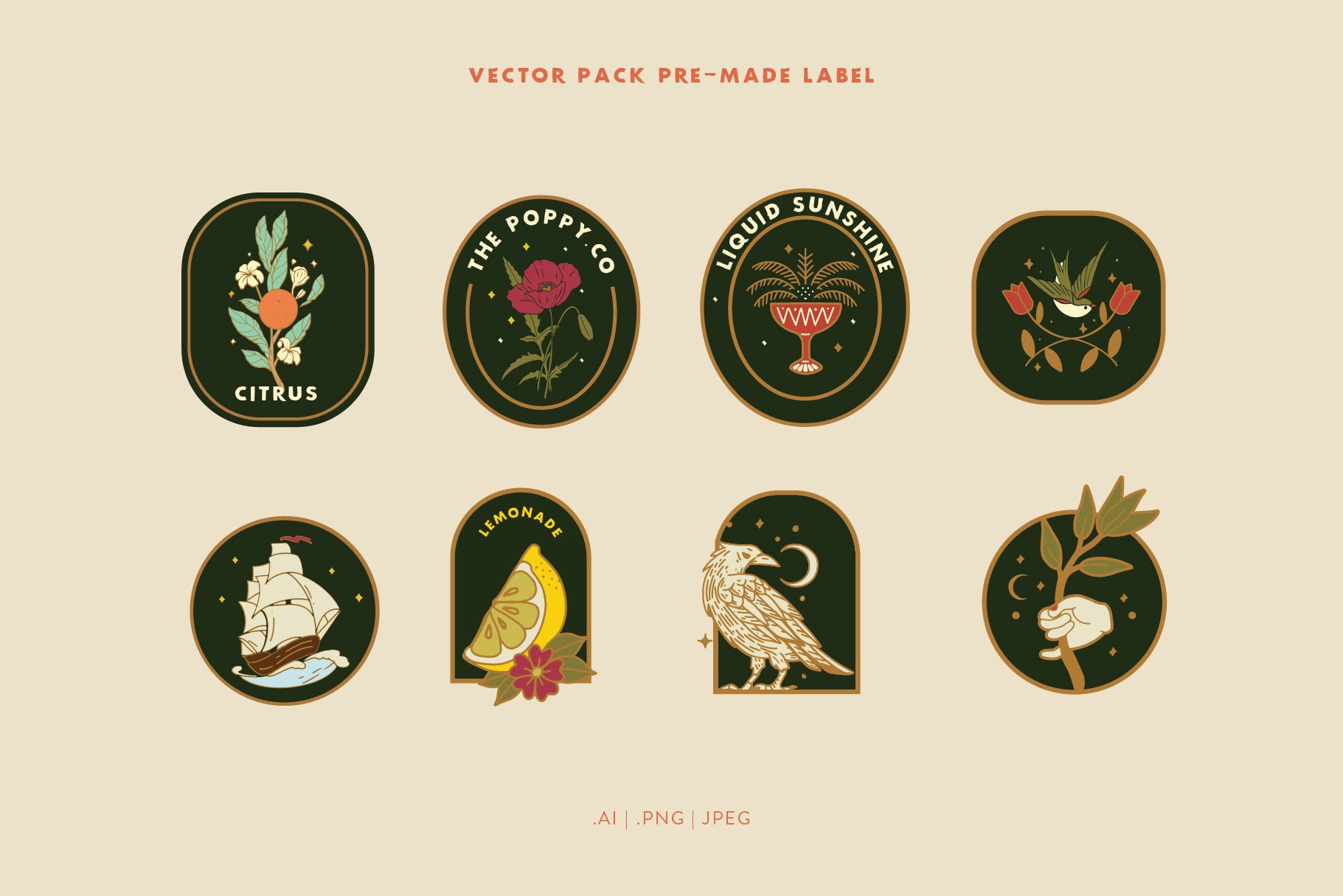 Artisan Collection – Illustration 30个平面手绘图形元素全彩色标签和贴纸设计插图（AI/PNG/JPG） 图片素材 sucaiwan.com