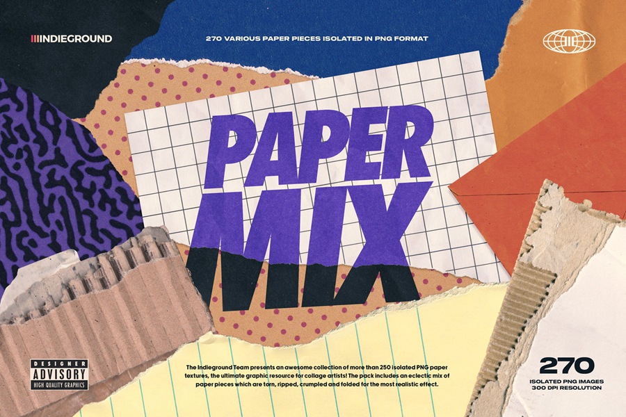 Paper Mix 250张撕纸纹理 牛皮纸、信封、纸板、便利贴笔记本纸、彩纸、图案纸张套装 Indieground Design 图片素材 sucaiwan.com
