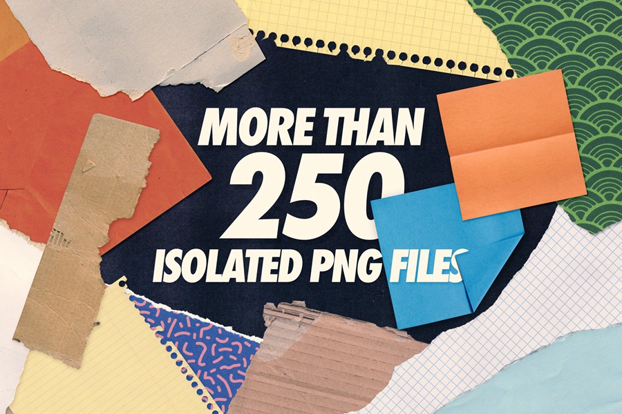 Paper Mix 250张撕纸纹理 牛皮纸、信封、纸板、便利贴笔记本纸、彩纸、图案纸张套装 Indieground Design 图片素材 sucaiwan.com