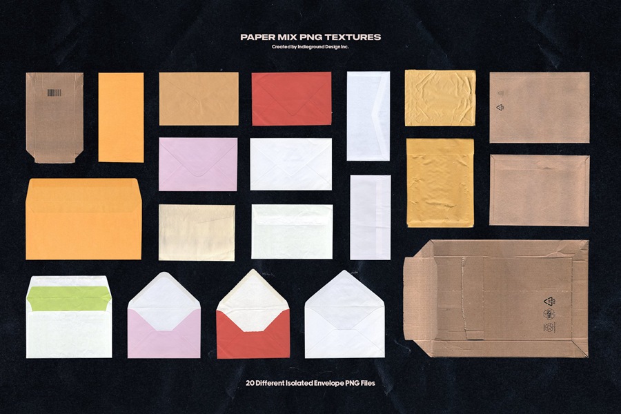 Paper Mix 250张撕纸纹理 牛皮纸、信封、纸板、便利贴笔记本纸、彩纸、图案纸张套装 Indieground Design 图片素材 sucaiwan.com