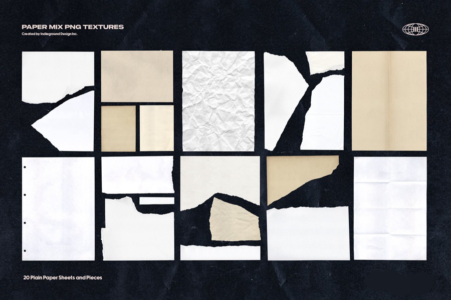 Paper Mix 250张撕纸纹理 牛皮纸、信封、纸板、便利贴笔记本纸、彩纸、图案纸张套装 Indieground Design 图片素材 sucaiwan.com