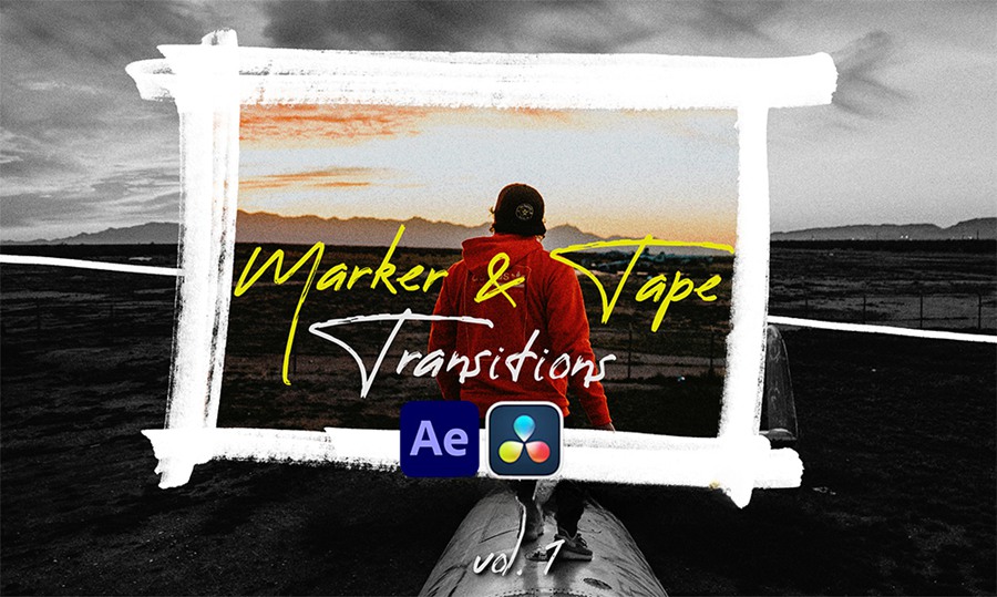 达芬奇 + AE 15种涂鸦标记时尚视频 转场过渡模板+音效 Marker & Tape Transitions Vol. 1 , sucaiwan.com