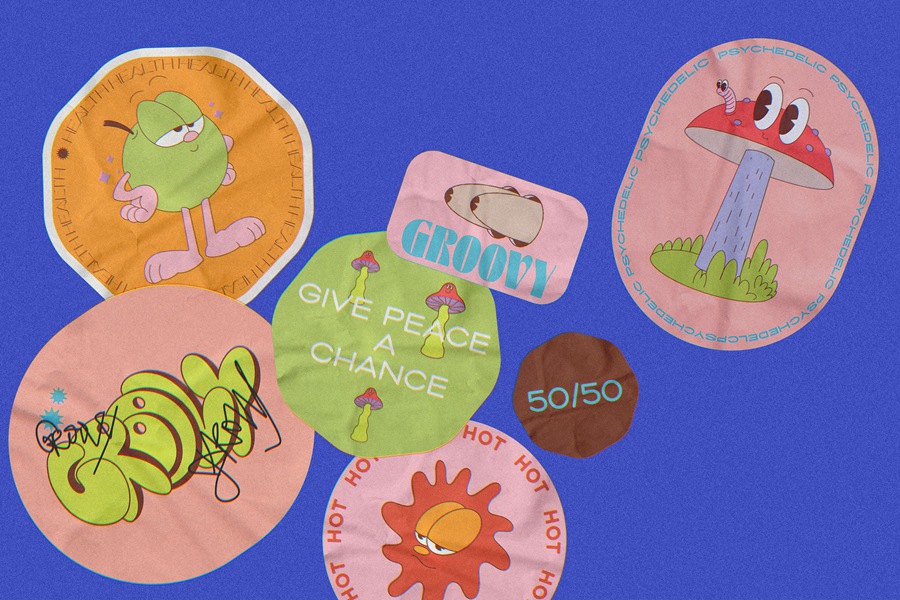 80年代迪士尼卡通复古潮流拼贴艺术贴纸PNG/AI矢量、杂志、产品包装、海报设计图形 Retro Vibe Stickers , sucaiwan.com