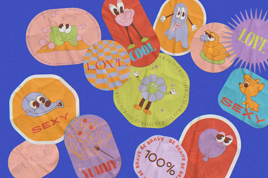 80年代迪士尼卡通复古潮流拼贴艺术贴纸PNG/AI矢量、杂志、产品包装、海报设计图形 Retro Vibe Stickers , sucaiwan.com
