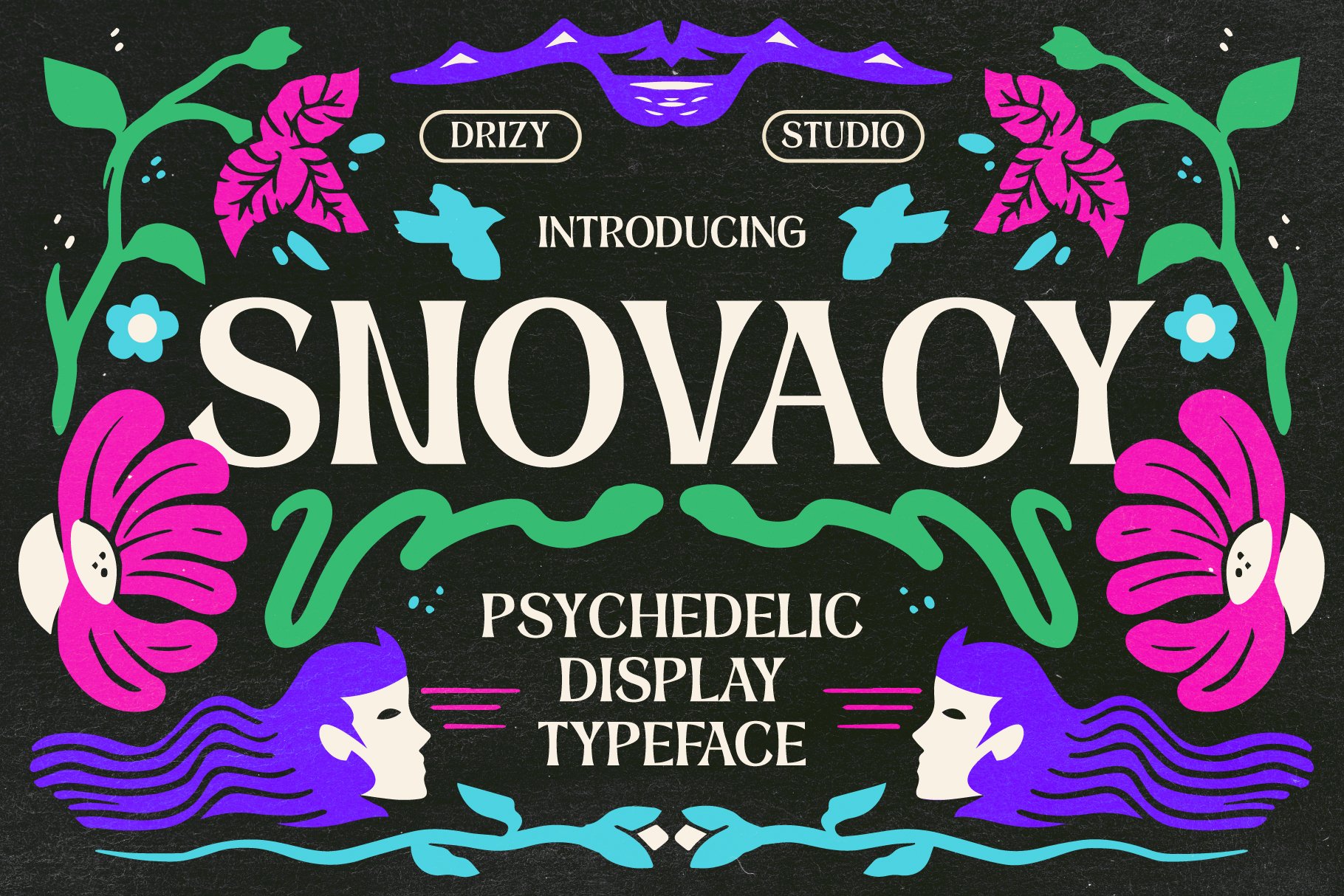 一款时髦美学花卉迷幻显示无衬线字体 Snovacy – Psychedelic Display Font 设计素材 sucaiwan.com