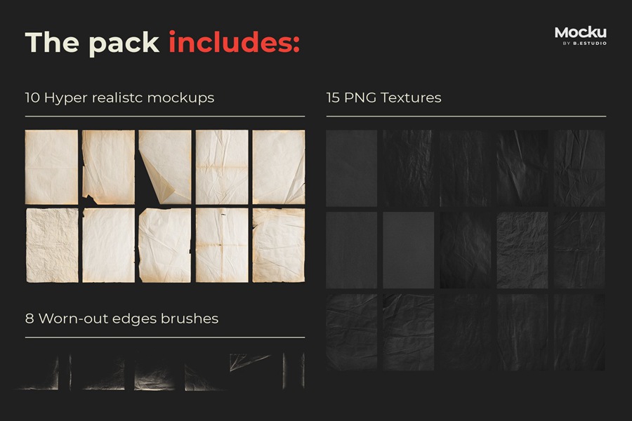 Megapack 复古破旧划痕撕纸褶皱海报PSD样机模板+笔刷 样机素材 sucaiwan.com