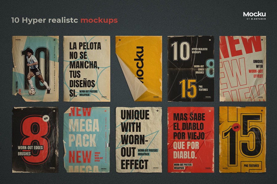 Megapack 复古破旧划痕撕纸褶皱海报PSD样机模板+笔刷 样机素材 sucaiwan.com