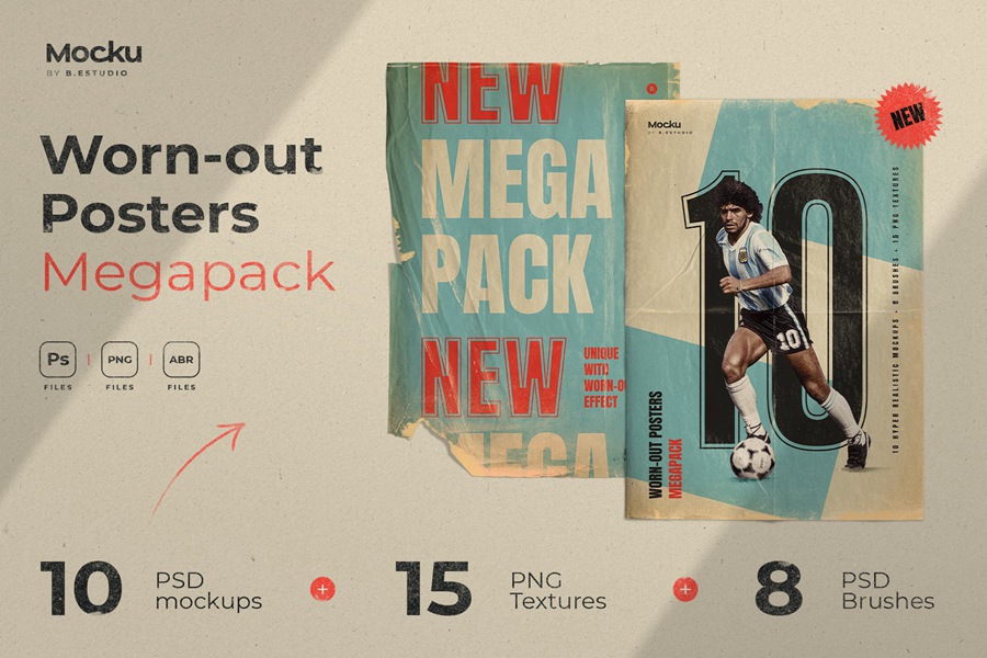 Megapack 复古破旧划痕撕纸褶皱海报PSD样机模板+笔刷 样机素材 sucaiwan.com