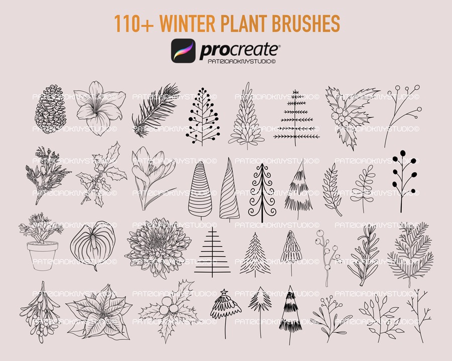 390+植物花卉线描画Procreate笔刷套装 , sucaiwan.com