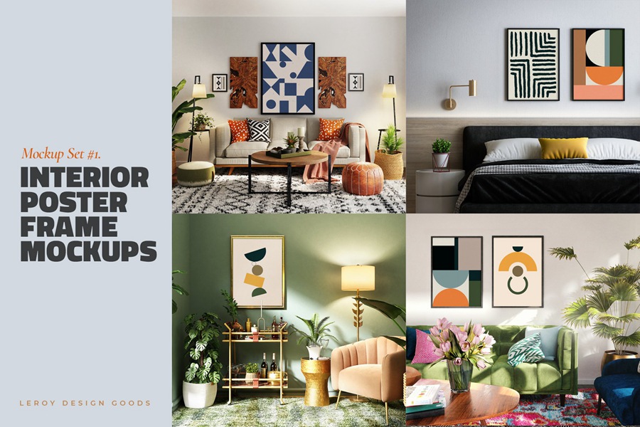 4个现代时尚室内设计软装海报装裱展示场景样机艺术印刷品Photoshop模板 Poster Mockup Set Modern Interior #1 样机素材 sucaiwan.com