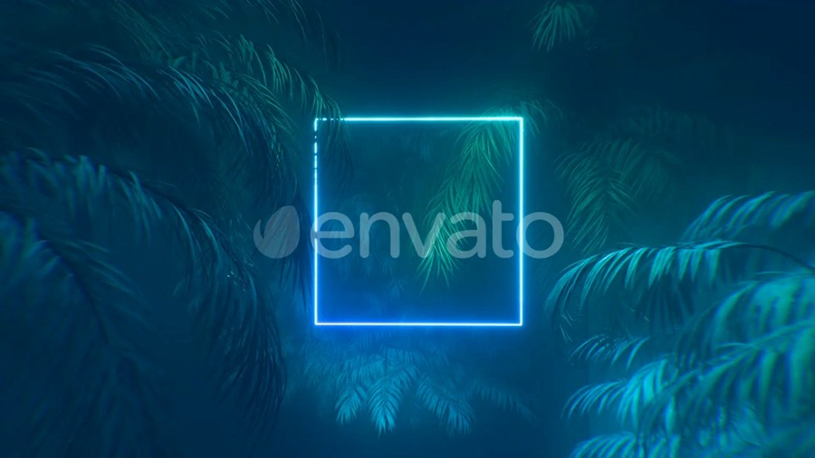 视频素材：霓虹灯发光的圆圈和棕榈树动画背景视频素材 , sucaiwan.com