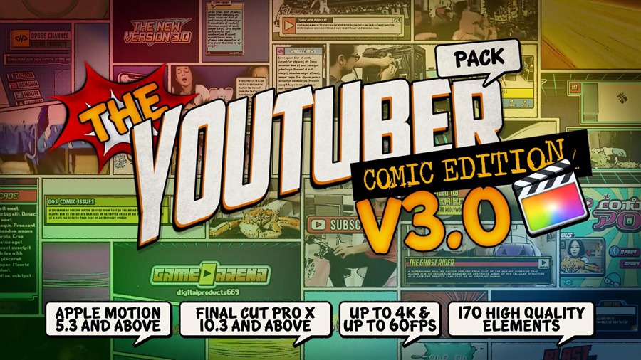 FCPX插件：漫威卡通漫画风格视频网站字幕条标题边栏LOGO宣传包装动画 , sucaiwan.com