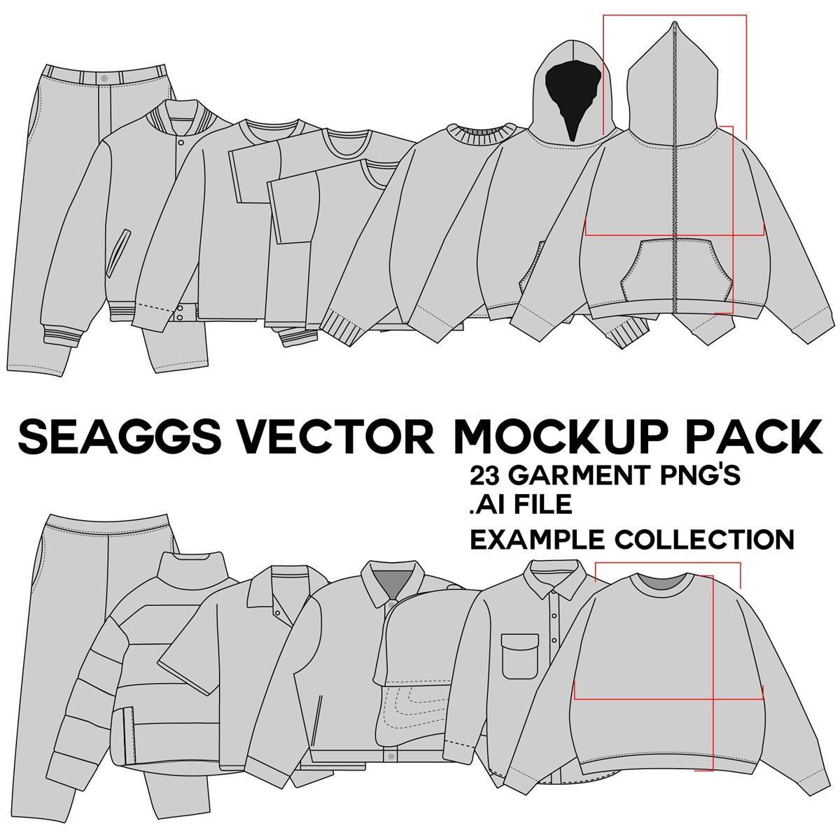 Seaggs 23个短袖连帽T恤长裤外套衬衫棒球帽矢量印花打版AI矢量模型+PNG免扣素材包 Style Mockup Pack 样机素材 sucaiwan.com