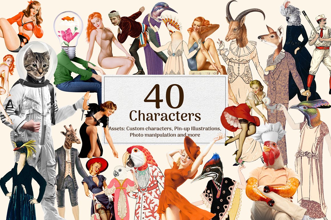 1540个复古手工裁剪元素拼贴艺术动物植物抽象头骨行星字符雕塑设计元素包 Modern Eighties Collage Creator 图片素材 sucaiwan.com