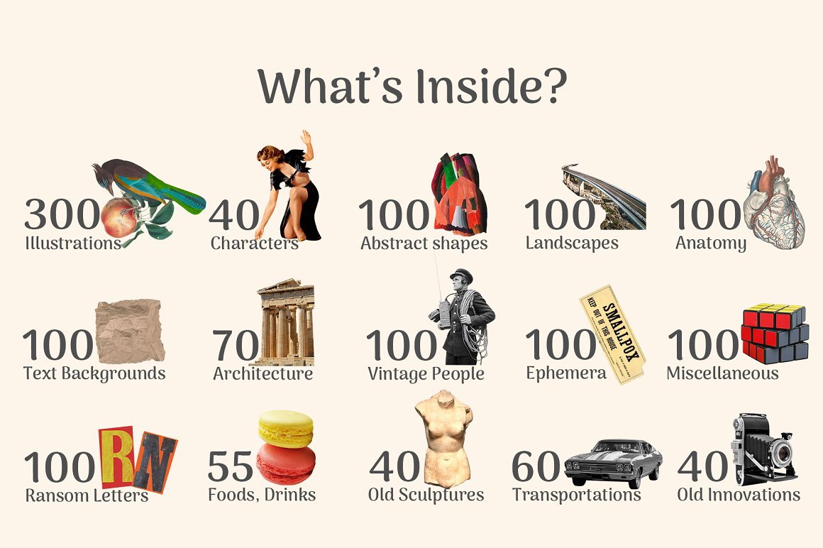 1540个复古手工裁剪元素拼贴艺术动物植物抽象头骨行星字符雕塑设计元素包 Modern Eighties Collage Creator 图片素材 sucaiwan.com