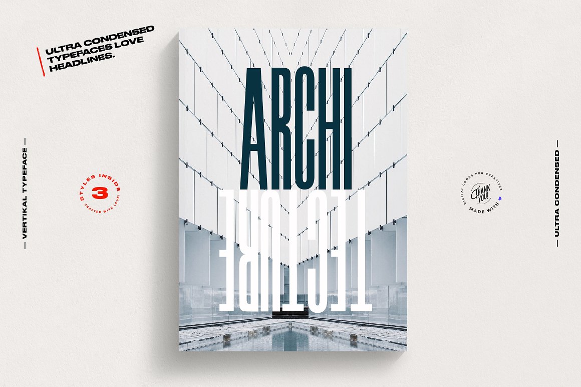 英文字体：3款现代优雅油墨浓缩几何感海报杂志标题logo设计无衬线字体 VERTIKAL — 3 CONDENSED FONTS , sucaiwan.com