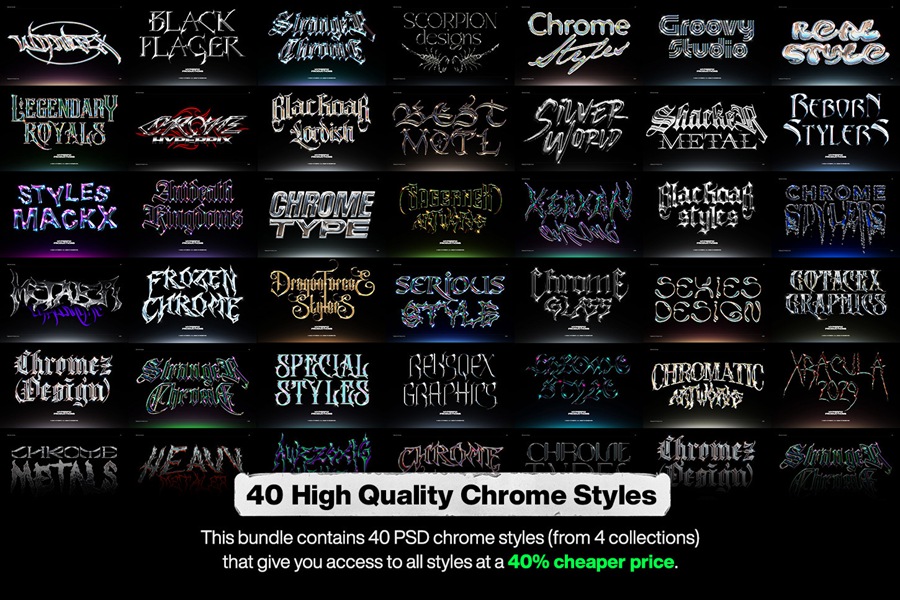 40款潮流金属3D镀铬标题Logo设计展示PS贴图样机模板套装 Chrome Text Styles Bundle 样机素材 sucaiwan.com