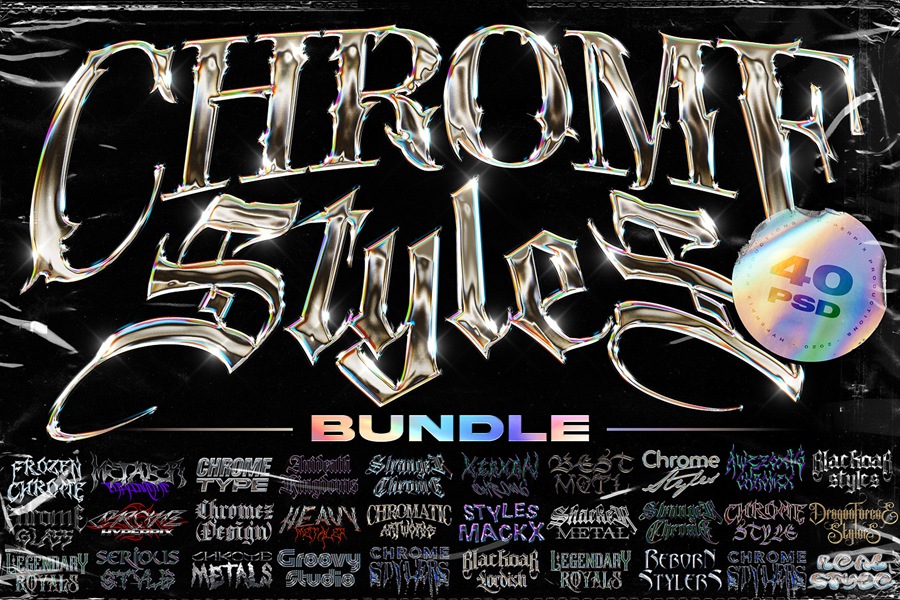 40款潮流金属3D镀铬标题Logo设计展示PS贴图样机模板套装 Chrome Text Styles Bundle 样机素材 sucaiwan.com