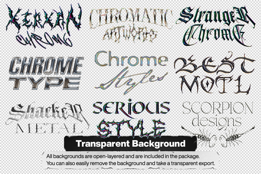 40款潮流金属3D镀铬标题Logo设计展示PS贴图样机模板套装 Chrome Text Styles Bundle 样机素材 sucaiwan.com