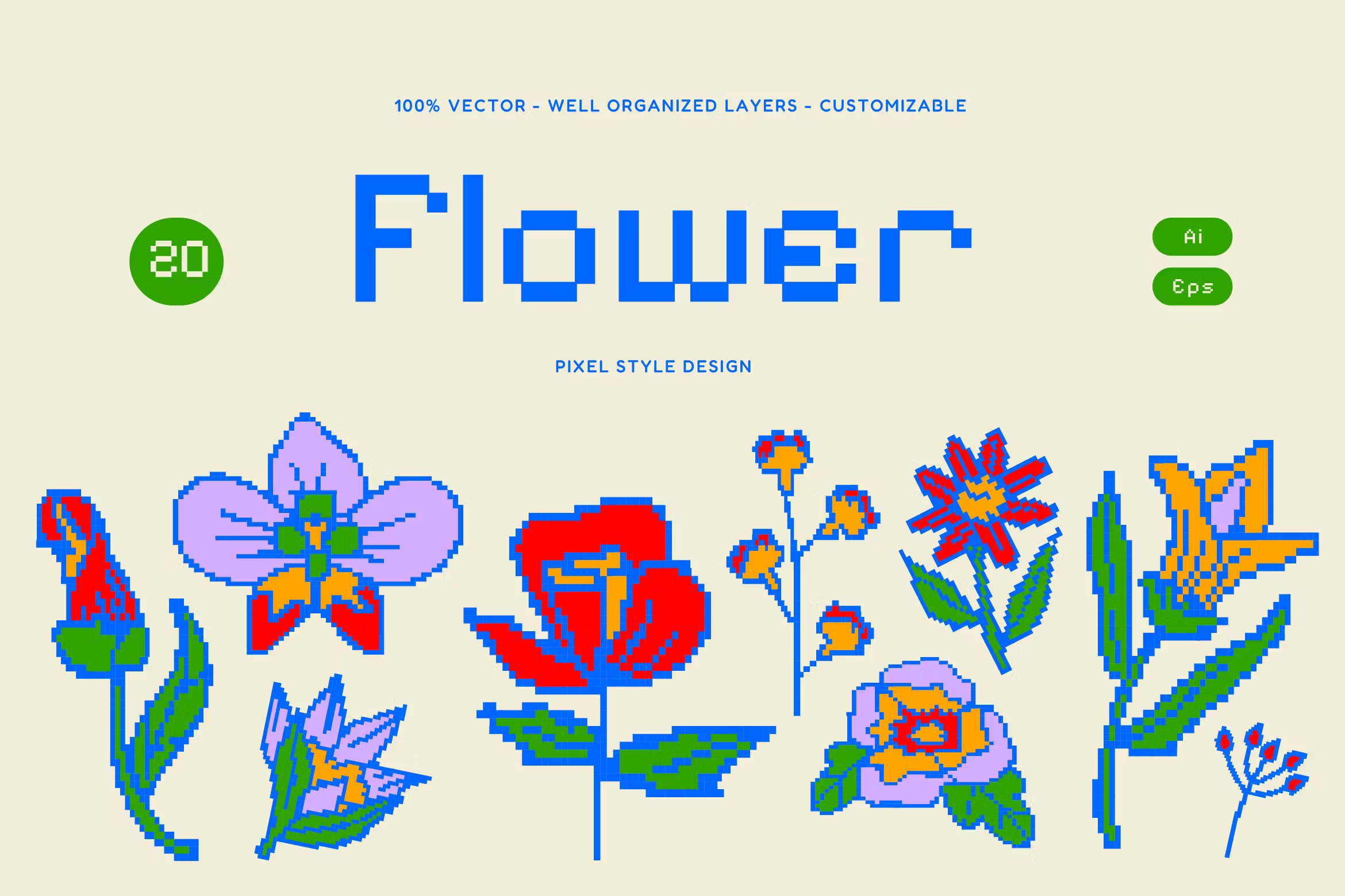 Cream Pixel Flower Illustration Set 奶油像素花卉AI插图集 图片素材 sucaiwan.com