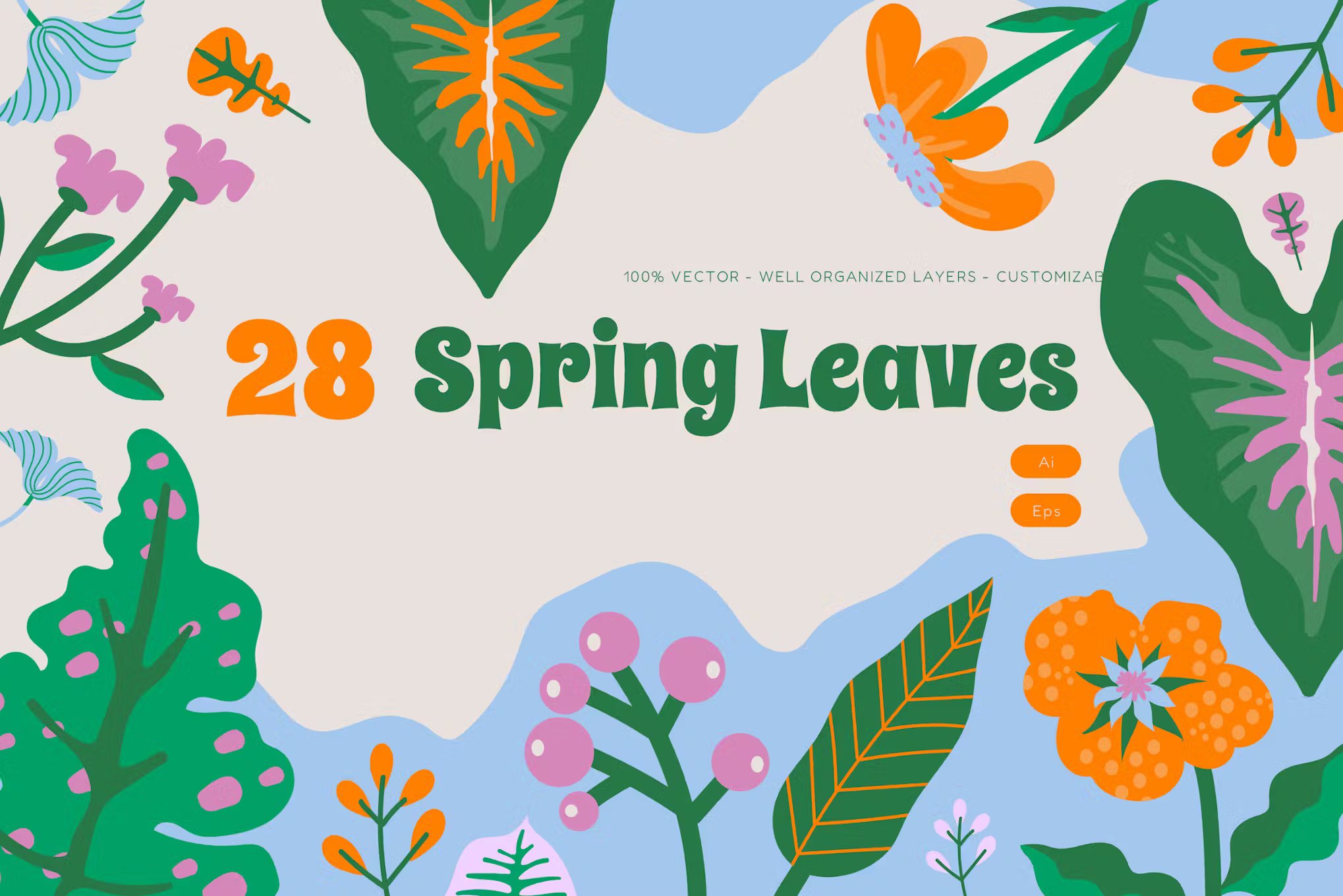 热带植物春天花卉包装平面设计AI矢量插图 White Flat Design Spring Leaves Asset Illustration 图片素材 sucaiwan.com
