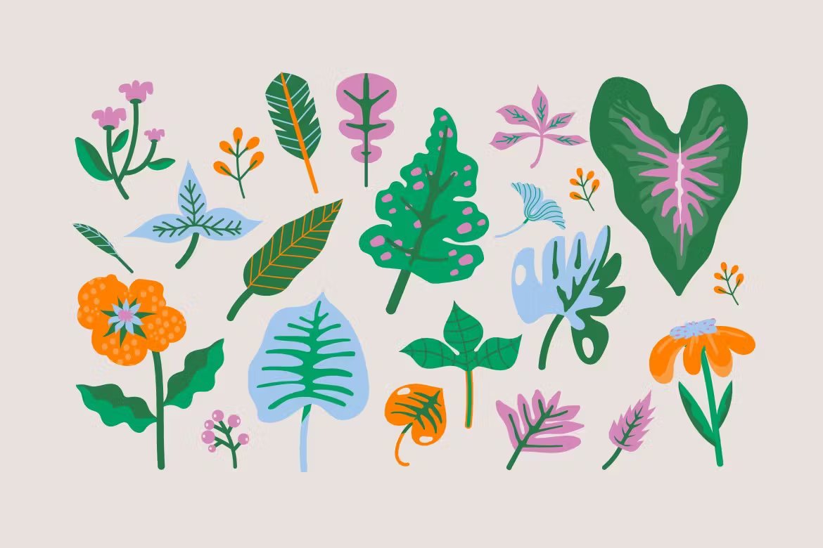 热带植物春天花卉包装平面设计AI矢量插图 White Flat Design Spring Leaves Asset Illustration 图片素材 sucaiwan.com