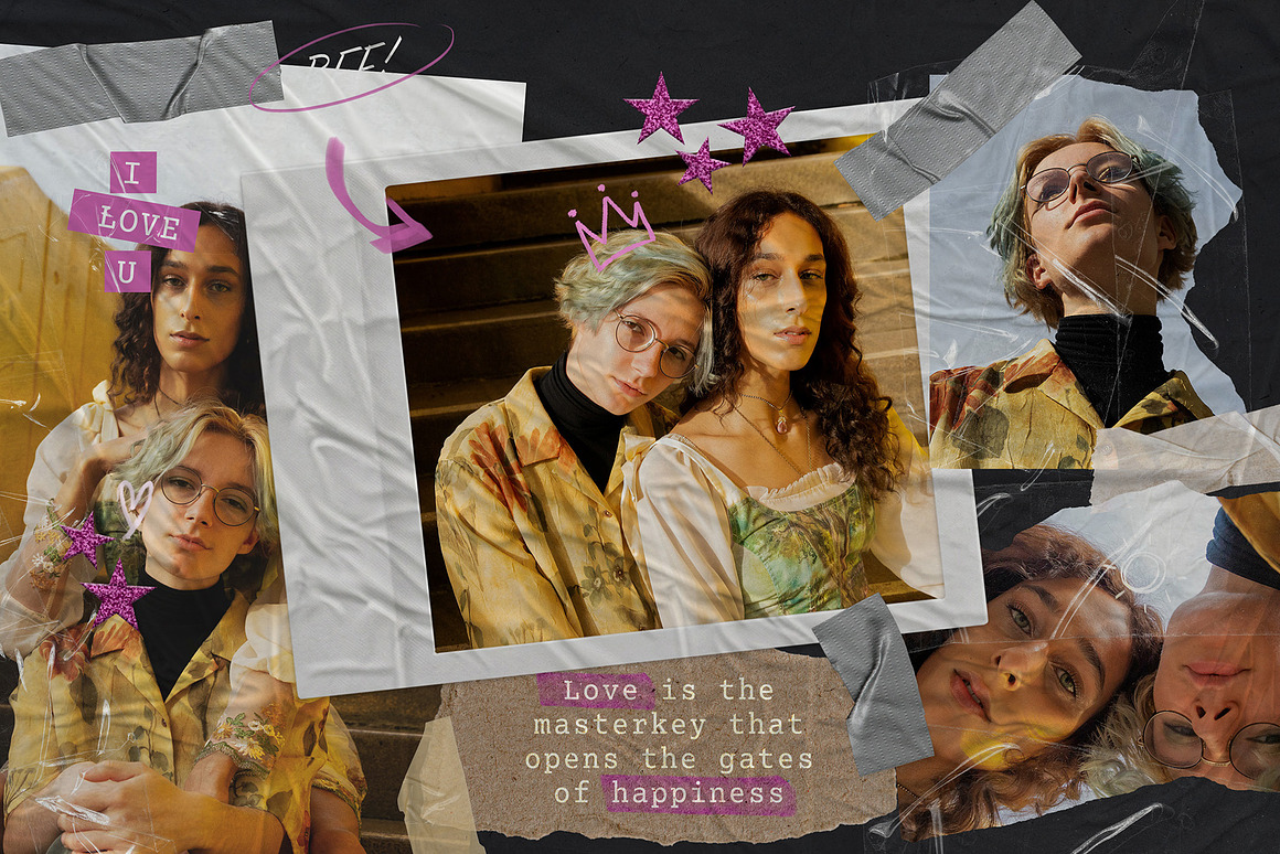 做旧宝丽来相框剪纸胶带手绘涂鸦线条拼贴艺术PSD模板 , sucaiwan.com