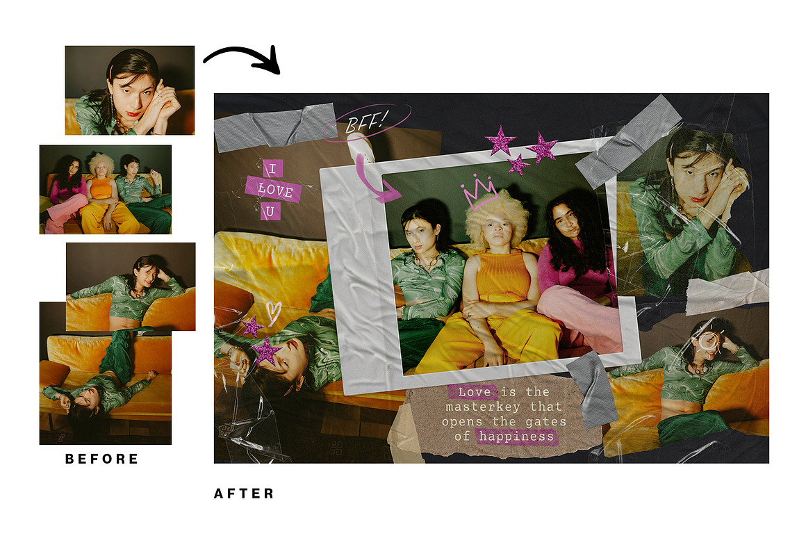 做旧宝丽来相框剪纸胶带手绘涂鸦线条拼贴艺术PSD模板 , sucaiwan.com