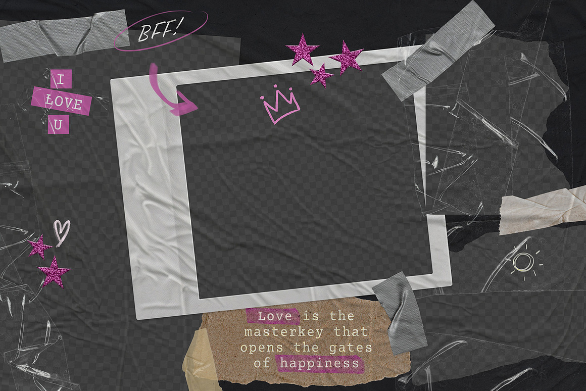 做旧宝丽来相框剪纸胶带手绘涂鸦线条拼贴艺术PSD模板 , sucaiwan.com