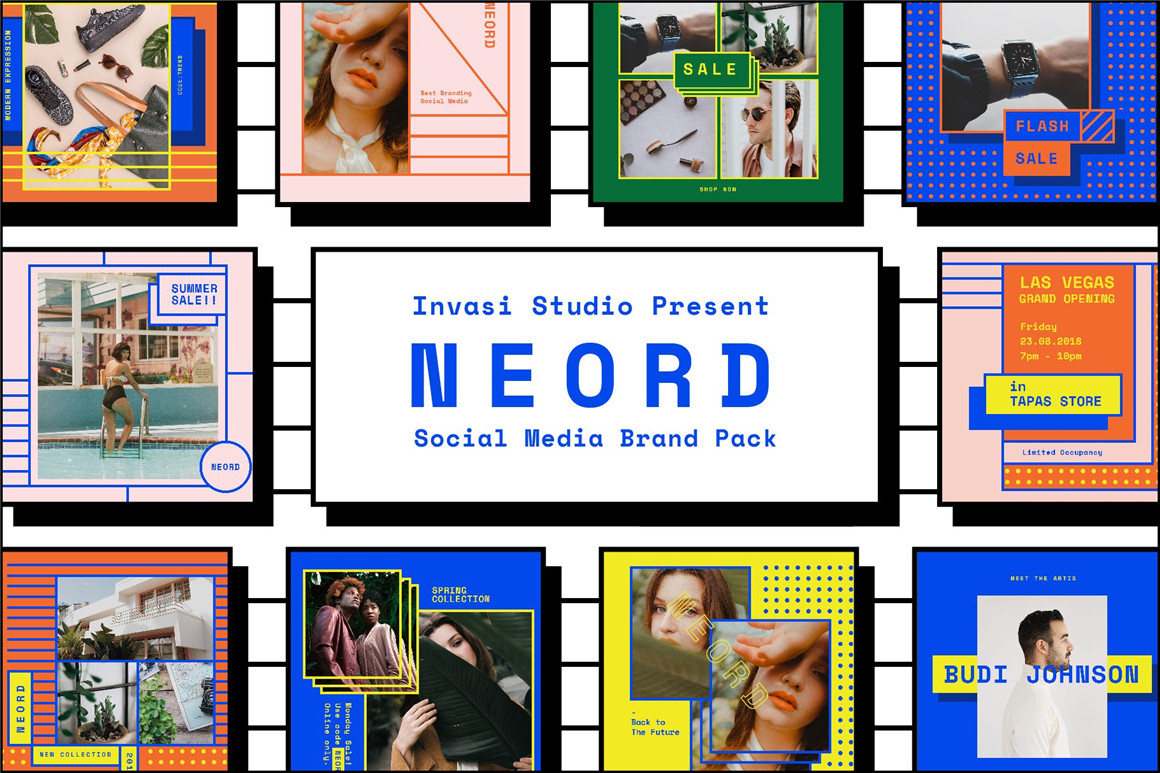 Invasi Studio 90年代新潮复古孟菲斯风格社交媒体电商海报设计PSD模板 NEORD Bundle Brand Templates 图片素材 sucaiwan.com