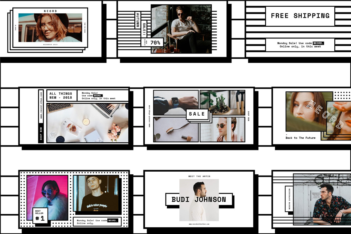 Invasi Studio 90年代新潮复古孟菲斯风格社交媒体电商海报设计PSD模板 NEORD Bundle Brand Templates 图片素材 sucaiwan.com
