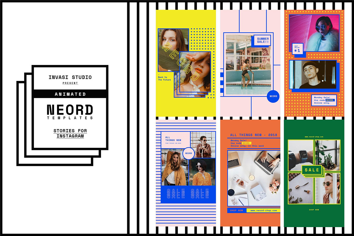 Invasi Studio 90年代新潮复古孟菲斯风格社交媒体电商海报设计PSD模板 NEORD Bundle Brand Templates 图片素材 sucaiwan.com