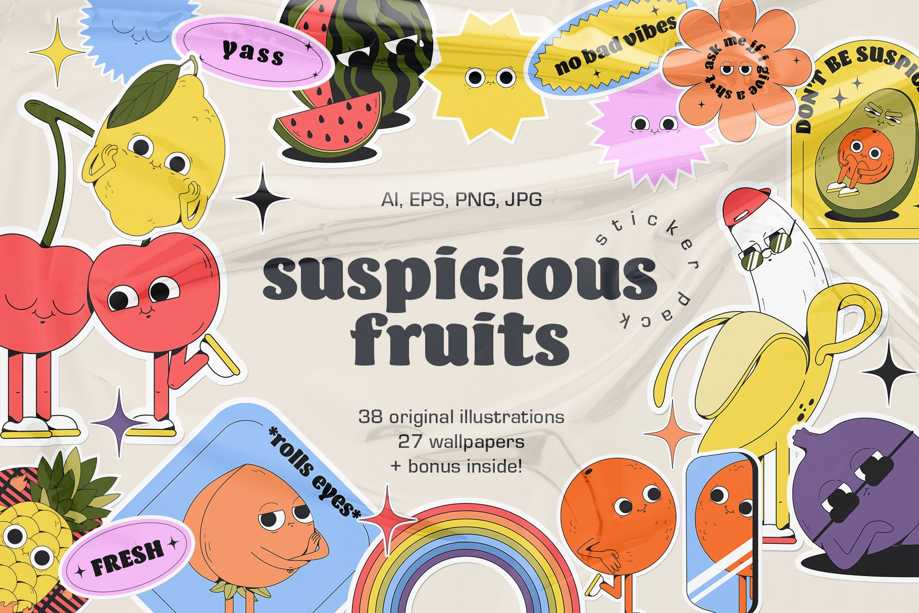 高品质矢量贴纸包 印刷品/海报/贺卡/品牌/文具设计/包装纺织品和服装PNG、AI矢量贴纸 Suspicious Fruits – vector stickers 图片素材 第1张-素材湾丨精选海外优质设计素材资源 高品质矢量贴纸包 印刷品/海报/贺卡/品牌/文具设计/包装纺织品和服装PNG、AI矢量贴纸 Suspicious Fruits – vector stickers 图片素材 sucaiwan.com