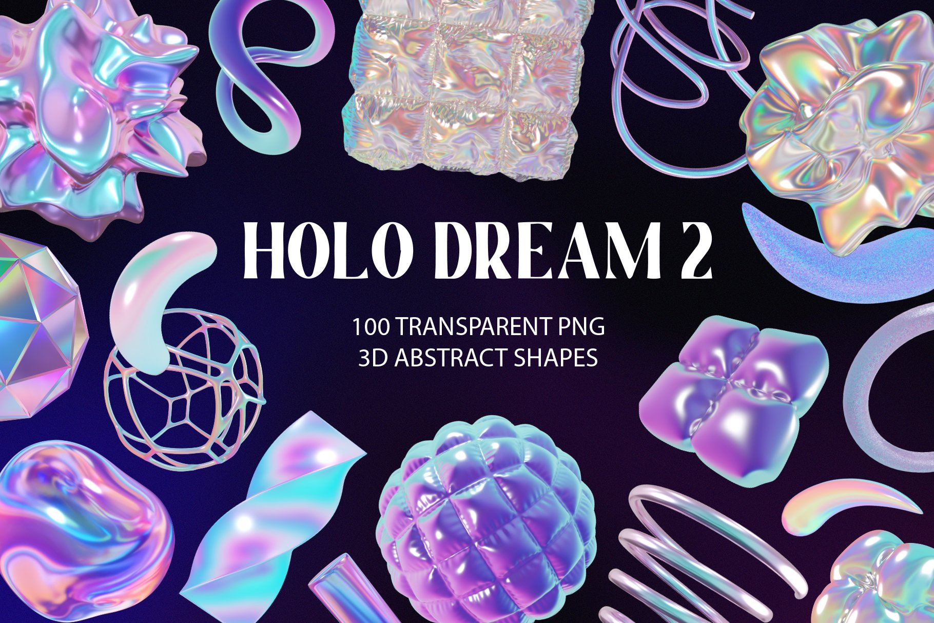 100款全息3D迷幻酸性抽象艺术闪亮PNG设计图形 Holo Iridescence 3D Shapes graphics Vol.2 图片素材 sucaiwan.com